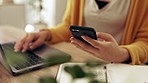 Closeup woman, hands and phone for laptop, typing and online connection of remote work from home. Female, computer and mobile technology of digital download, web search or multitask on internet media