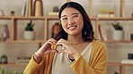 Office, portrait of asian woman with heart hand sign and happiness with remote work, glasses and smile. Love, meme and emoji gesture, Japanese influencer on creative project for content creation.