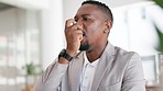 Black man, office and asthma, inhaler for breathing, help with chest pain from illness or allergy. Breathe, inhale and businessman with health problem, emergency pump and air relief in lungs at desk.