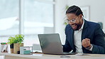 Laptop, success and celebration of black man in office for goal, target or achievement. Winner, computer or happy business person celebrate good news, winning competition or promotion, bonus or prize