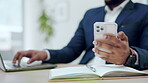 Hands, phone and typing on laptop for multitasking in office, information or online browsing. Cellphone, computer and business man research, writing or web scrolling, email or working in workplace.