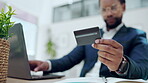 Credit card, finance and laptop with black man in office for online shopping, payment and investment. Ecommerce, website and fintech with male customer for internet banking, trading and budget