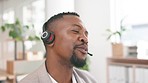 Telemarketing, smile and black man talking, customer service and call center for help, advice and friendly. African American male employee, agent and consultant with happiness, tech support and crm