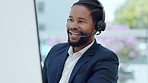 Happy, call center and black man talking while typing on computer for crm, telemarketing or online help. Businessman, customer support and African male agent consulting for contact us with a smile