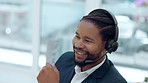 Call center, happy and black man talking while typing on computer for crm, telemarketing or online help. Businessman, customer support and African male agent consulting for contact us with a smile