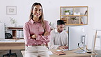 Portrait, professionalism and a business woman in her office, standing arms crossed with a confident smile. Happy, vision and ambition with a young smiling female employee at work feeling motivated