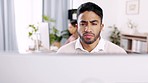 Confused, thinking and man doing research in the office while working on a corporate project. Pensive, contemplating and Indian male business employee planning a company report in a modern workplace.