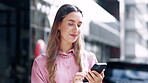 Phone, typing and woman smile in city, social media or online dating in urban street. Cellphone, person and happiness of female web browsing, internet scrolling or messaging outdoor in town alone.