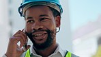 Black man, architect and smile for phone call, talking and networking for opportunity in construction industry. African engineer, contractor and smartphone conversation with excited face in workplace