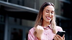 Happy businesswoman, phone and celebration in the city for winning, promotion or bonus outdoors. Excited female employee in joy on smartphone for good news, win or victory achievement in urban town