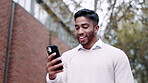 Video call, communication and a man talking on his phone outdoor in the city during his morning commute. Mobile, contact and wave with a male business employee chatting during virtual networking