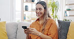 Woman laugh at meme on smartphone, relax at home and social media scroll with technology and communication. Comedy online, mobile app and funny message with young female reading text and connectivity