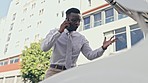 Car problem, frustrated black man and phone call of a angry employee late for work from engine issue. Worry, yelling and mobile communication of a motor crisis with stress and anxiety from emergency