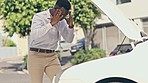 Car trouble, frustrated black man and road with a angry employee late for work from engine issue. Worry, yelling and self talking of a motor crisis with stress and anxiety from travel emergency