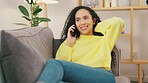 Woman, smartphone and phone call with conversation and excited, happy and relax at home with communication. Discussion on cellphone, gossip and technology with female talk, sitting on couch and smile