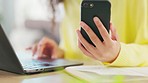 Woman, hands and phone on laptop for communication, social media or remote work in schedule planning at home. Closeup hand of female freelance working on mobile smartphone and computer for networking