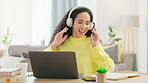 Woman dance, headphones and living room in a home with a female student listening to music. Remote work, audio streaming and young person in a house happy with a smile and hearing internet radio