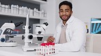 Scientist, man face and blood sample in a laboratory for medical research with happiness. Vision, dna testing and lab project study with a happy pharma and hospital employee proud with microscope