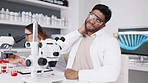 Neck pain, burnout and scientist in laboratory, exhausted fatigue and research at microscope. Science, muscle injury and tired lab technician working on vaccine, man with deadline anxiety and stress.