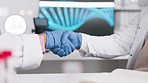 Science, team and scientists shaking hands in lab for collaboration, partnership and thank you. Teamwork, professional and closeup of scientific researchers with gloves doing handshake in laboratory.