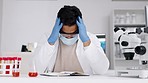 Laboratory, stress and man scientist with headache, problem or issue during clinical trial. Anxiety, burnout and male health expert frustrated with experiment, failure or chemical mistake in a lab 