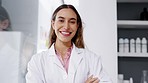 Face, medical and doctor remove mask, researcher and smile with confidence, innovation and success in laboratory. Portrait, female scientist and employee with healthcare and medical professional