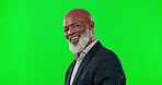 Happy black man, face and smile on green screen for business, success or vision against a studio background. Portrait of confident African senior businessman smiling for career ambition on mockup