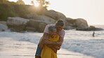 Senior, couple and running at beach for hug, fun holiday and quality time together. Happy man chasing woman for love, retirement and happiness at ocean, sea vacation and travel with playful partner