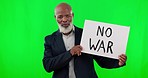 Face, green screen and black man with no war poster, world peace and human rights against a studio background. Portrait, senior male and mature person with board against conflict, opinion and protest