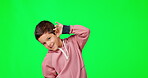 Hear, green screen and child listening for a loud sound, audio and isolated in a studio background. Deaf, noise and kid with a hearing problem holding hand on his ear for gossip in a backdrop