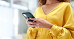 Phone, hands or home woman typing on ui, check email or surfing internet, website or online search on social network. Wifi connection, mobile smartphone app or person texting, message or contact user