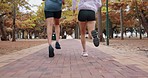 Park fitness, legs and running couple of friends doing cardio exercise, marathon training or active sports practice. Nature freedom, peace and back of athlete runner on outdoor performance workout