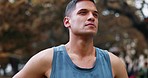 Park workout, face and man tired after cardio running exercise, nature marathon training or runner health lifestyle. Freedom peace, fatigue sweat and breathing athlete on outdoor performance fitness