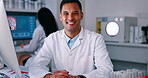 Scientist, man in laboratory and face, happy with medical research and innovation with science study and pathology. Portrait, male doctor smile and scientific experiment with healthcare professional