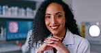 Scientist, woman and face in laboratory with smile in medical research, innovation or science study and pathology. Portrait of happy female doctor in scientific experiment or healthcare professional