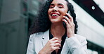 Business woman, networking and phone talking outdoor on a call with professional conversation. Happy female employee, speaking and mobile discussion with a smile and laugh from job communication