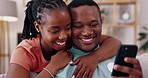 Phone, home and black couple laugh on sofa for bonding, quality time and relax on weekend and watching videos. Happy, smile and man and woman on smartphone for mobile app, internet and online meme