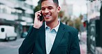 Business man, networking and phone call in city with happiness from professional conversation. Happy employee, urban sidewalk and mobile discussion with a smile speaking with job communication