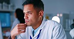 Man, scientist and thinking in research on computer for healthcare breakthrough or discovery in laboratory. Thoughtful and serious male doctor wondering or contemplating science working on PC in lab