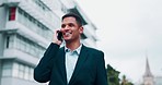 Business man, walking and phone call in the city outdoor with happiness from professional conversation. Happy employee, speaking and mobile discussion with a smile and laugh from job communication