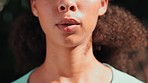 Fitness, woman mouth and face breathing from exercise and run rest outdoor for wellness. Closeup, female athlete and runner relax after sport and training in the sun with sports and calm breathe