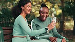 Fitness women, park selfie and friends with smile, talk and relax on bench with social media at training. Woman, runner team and reading blog, post or laughing at meme on chat app in nature together