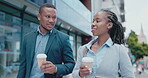 Coffee, cheers and a black business team walking in the city during their morning commute into work together. Collaboration, talking and takeaway with professional colleagues outdoor in an urban town