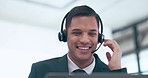 Customer support, happy and business man talking, speaking and in discussion for help, service and contact. Call center, communication and face of male consultant on call for crm assistance in office