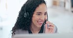 Business woman, call center and face consulting with headphones on computer in customer service or support. Happy female consultant agent talking on headset in contact us for online advice at office