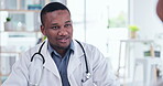 Consultation, face and black man doctor consulting a patient talking, discussion and in a hospital for medicine. Medical, insurance and healthcare professional conversation for feedback