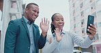 Black people, phone and video call in the city for business, social media or conversation with thumbs up. Happy African American businessman and woman talking on smartphone for meeting in urban town