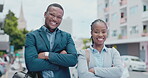 Collaboration, smile and business people in the city, arms crossed on their morning commute to work. Portrait, happy or professionalism with a black and woman employee team standing in an urban town