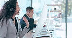 Call center, computer and business woman in office for consulting, customer service and advisory. Productivity, friendly and communication with female for technical support, contact us and connection