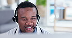 Video call, doctor and computer with black man and consulting for online meeting, webinar and medical. Healthcare, medicine and internet with male for virtual conference, telehealth and chat